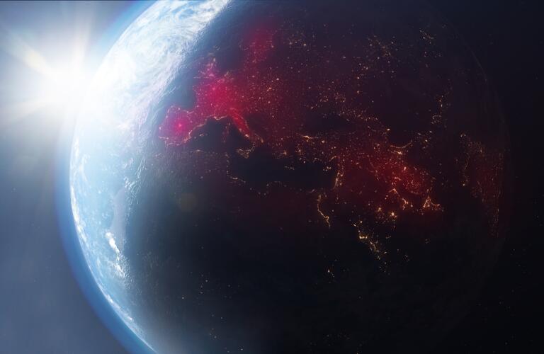Planet earth from outer space with Coronavirus map expansion in Europe, COVID-19 in 2020.