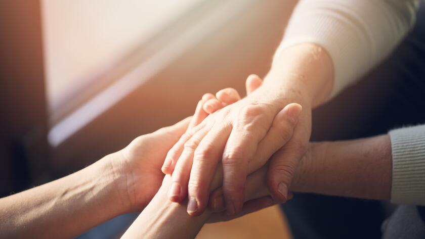 closeup of two pairs of hands holding in soft light