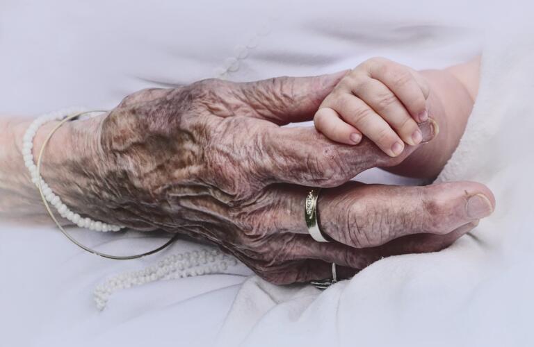 hands of elderly woman and infant