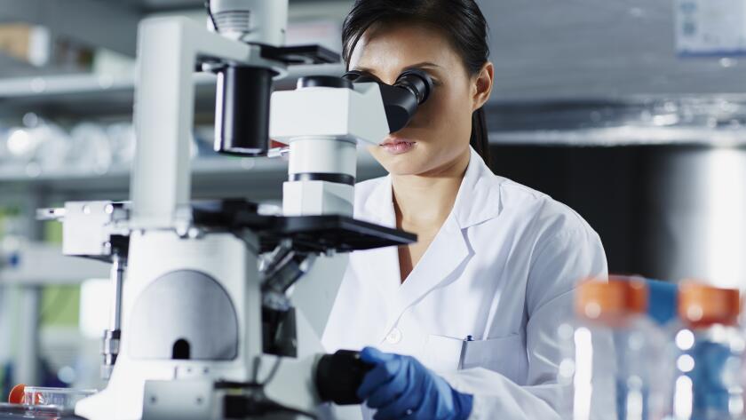 Female Scientist Looking Through Microscope