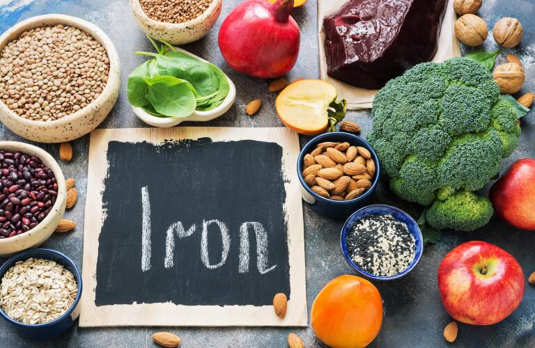 fruits, vegetables, legumes, nuts and liver with high iron content