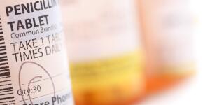 Close-up of penicillin prescription bottle label